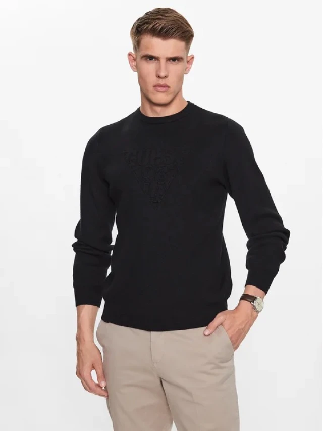 Guess Victor Ls Cn Embossed Logo Swt Ανδρικό Πλεκτό Μαύρο