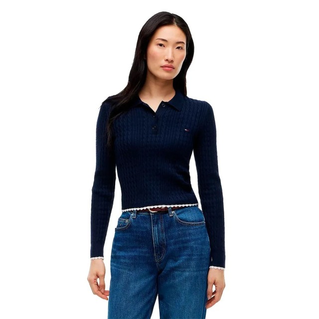 Tommy Hilfiger Tjw Micro Cable Polo Sweater Ext Γυναικείο Πλεκτό Polo Μπλε