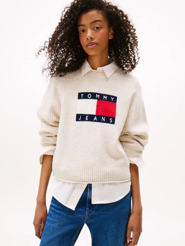 Tommy Hilfiger Tjw Melange Flag Sweater Rib Ext Γυναικείο Πλεκτό Ριπ Εκρού