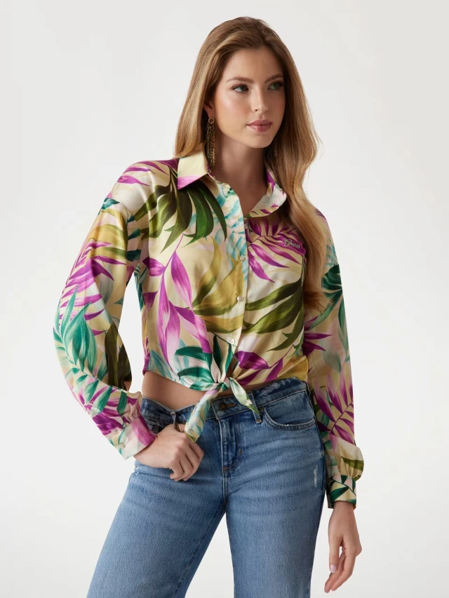 Guess New Ls Bowed Jun Shirt Γυναικείο Πουκάμισο Crop Floral Multi