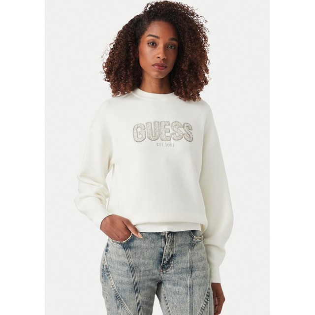 Guess Ls Cn Madeline Logo Swtr Γυναικεία Πλεκτο Εκρού