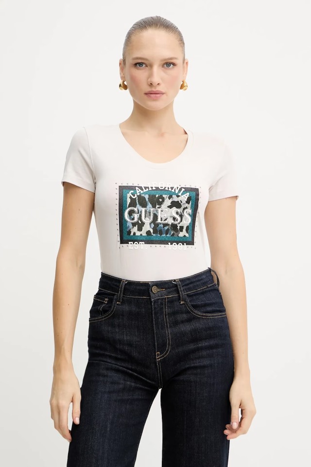 Guess Cn Ss  Animalier Boxy Print Γυναικεία Μπλούζα Animal Print Εκρού