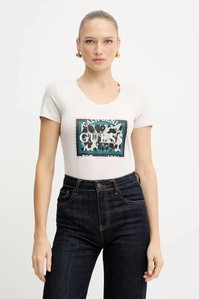 Guess Cn Ss  Animalier Boxy Print Γυναικεία Μπλούζα Εκρού Animal Print
