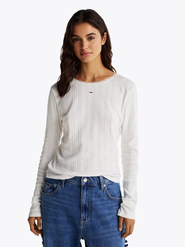 Tommy Hilfiger Tjw Slim Pointelle Rib Tee Ls Γυναικεία Μπλούζα Λευκή