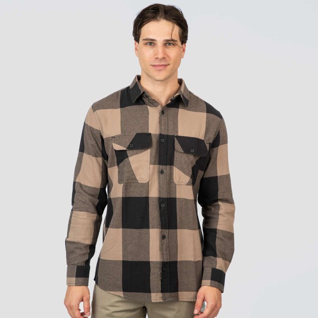 Rebase Ανδρικο Πουκαμισο flannel Καρω Μπεζ