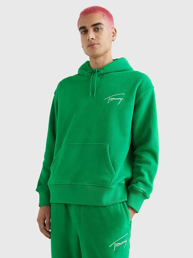 Tommy Hilfiger Tjm Rlxd Polar Signature Hoodie Ανδρικο Φουτερ Fleece Πρασινο