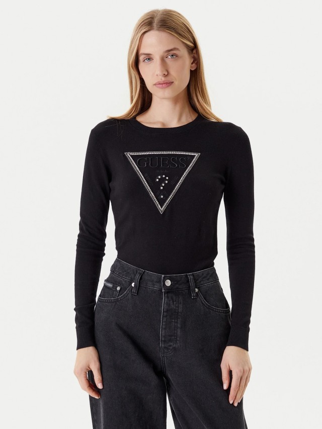 Guess Ls Cn Kiara Triangle Logo Swtr Γυναικείο Πλεκτό Μαύρο