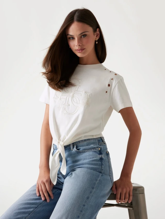 Guess Cn Ss Eyelet Tone On Tone Tee Γυναικεια Crop Μπλούζα Εκρού