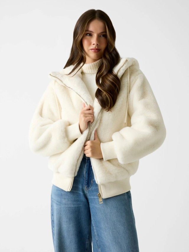 Guess Lucrezia Faux Fur Logo Jacket Γυναικείο Μπουφάν Εκρού
