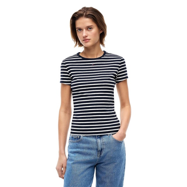 Tommy Hilfiger Tjw Slim Essential Rib Ss Ext Γυναικεία Μπλούζα Ριγέ Μπλε