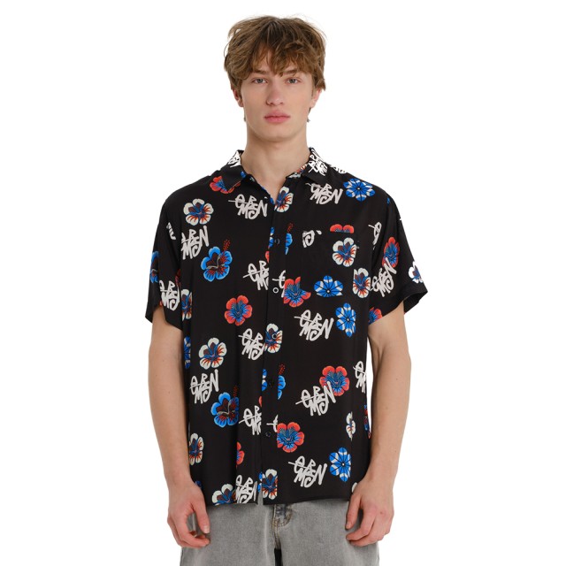 K Emerson Mens s/s Printed Shirt Ανδρικό Πουκάμισο Μαυρο