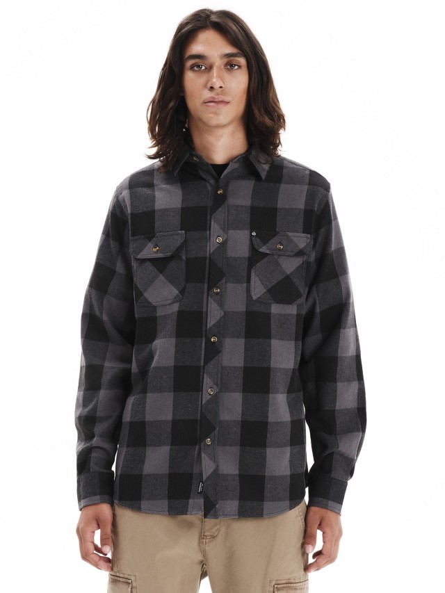 Emerson Mens Button Down Flannel Shirt Ανδρικό Πουκάμισο Γκρι Μαύρο