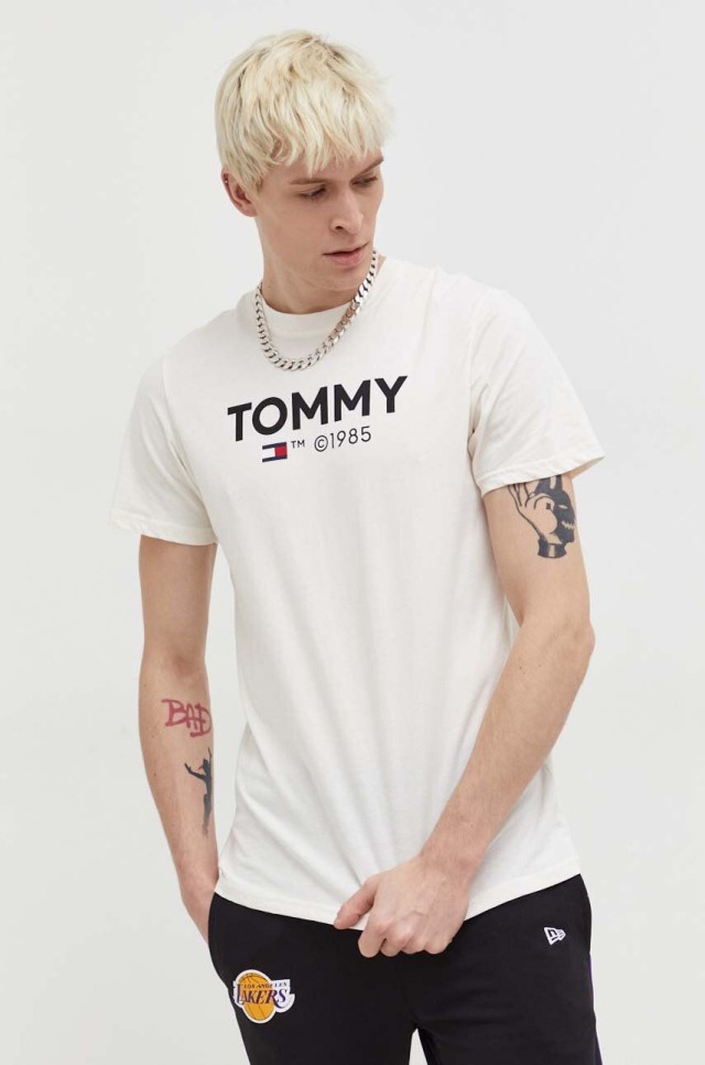 Tommy Hilfiger Tjm Slim Essential Tommy Tee Ανδρική Μπλούζα Εκρού