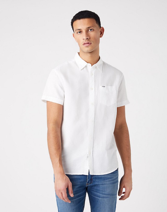 Wrangler Ss 1 Pkt Shirt Real White Ανδρικο Πουκαμισο Λευκο