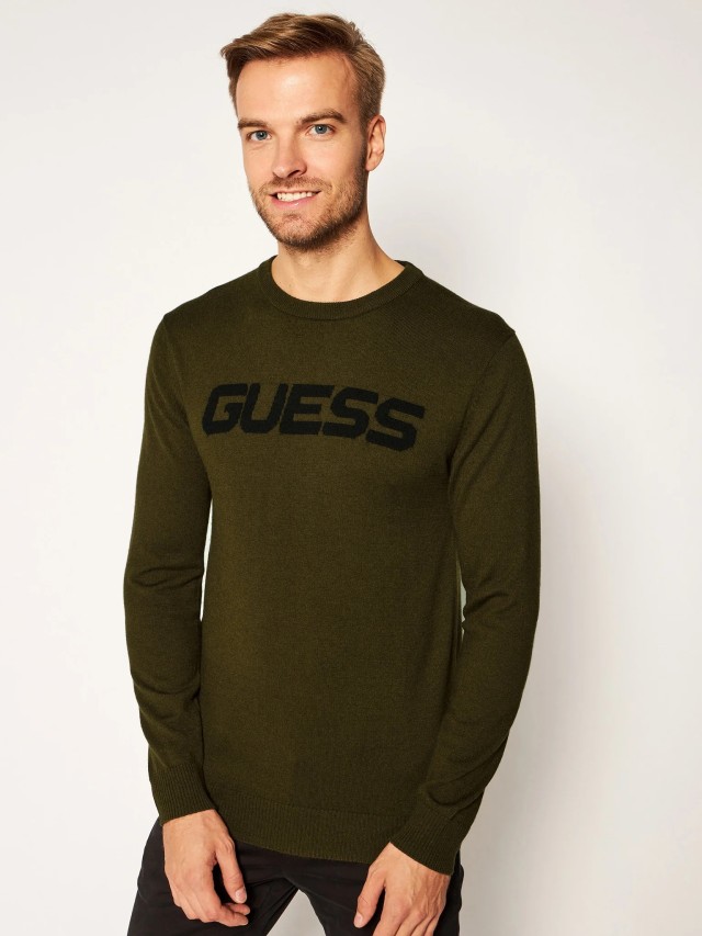 Guess Ls Cn Logo Sweater 1 - Wooly Yarn Ανδρικο Πλεκτο Λαδι