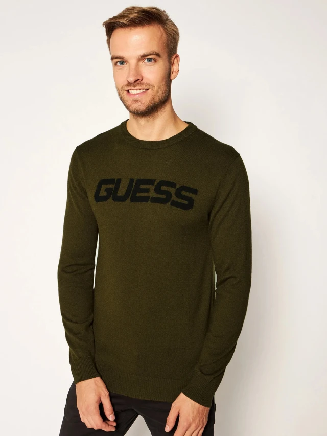 Guess Ls Cn Logo Sweater 1 - Wooly Yarn Ανδρικο Πλεκτο Λαδι