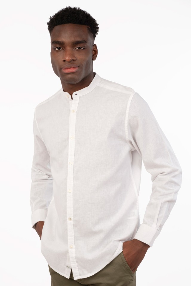 Rebase Shirt Linen Mao Collar Long Sleeve Ανδρικο Πουκαμισο Λινο Μαο Λευκο