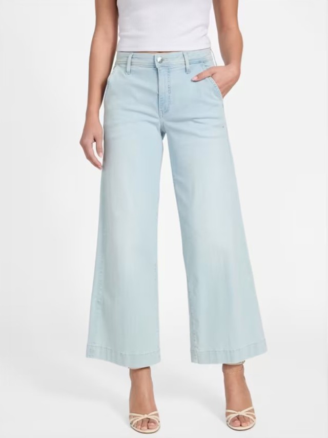 Guess Zoya Wide Leg Crop Γυναικειο Παντελόνι Τζίν Χλωριο