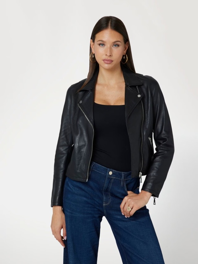 Guess Es Real Leather Moto Jkt Γυναικείο Δερμάτινο Μπουφάν Μαύρο