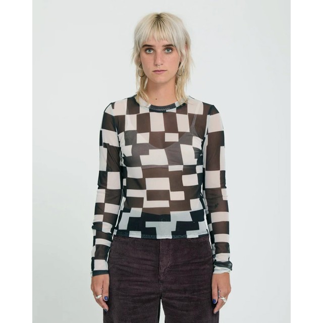 Volcom Carrau Mesh Ls Γυναικεία Μπλούζα Καρό Λευκό Μαυρο
