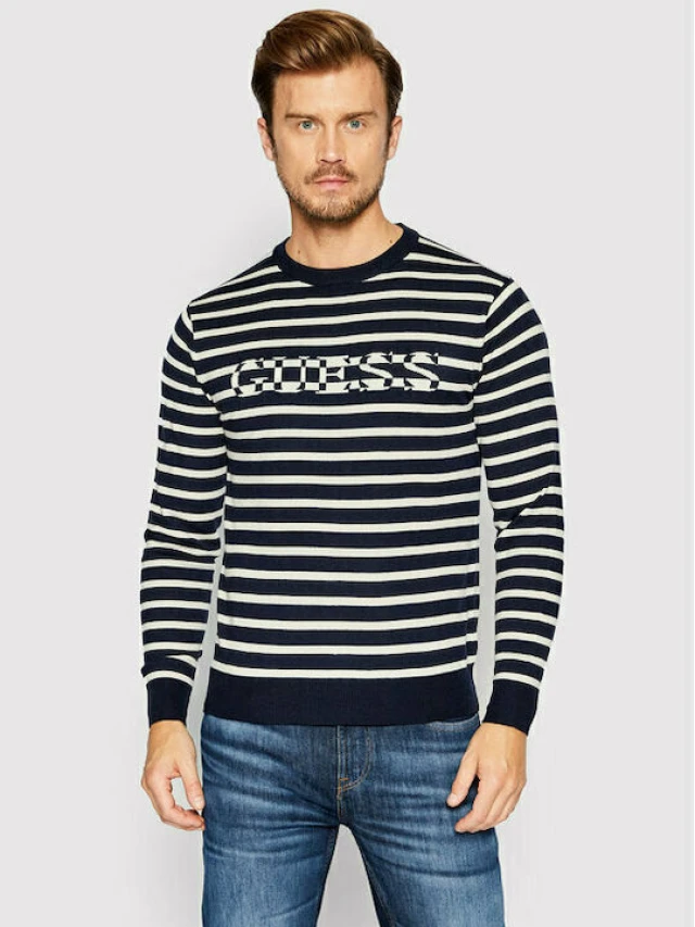 Guess Oscar Cn Striped Logo Ανδρικη Πλεκτο Μπλε Ριγε