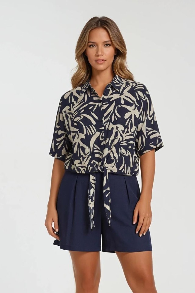 ARTIGLI CAMICIA Γυναικειο Πουκαμισο Κοντομανικο Μπεζ-Μπλε Floral