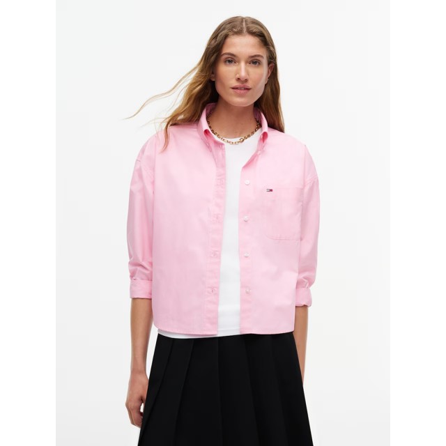 Tommy Hilfiger Tjw Ovs Crp Essential Shirt Ext Γυναικείο Crop Πουκάμισο Ροζ