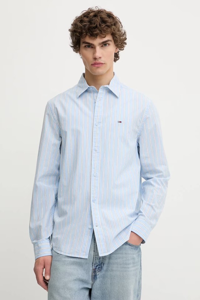 Tommy Hilfiger Tjm Essnt Poplin Reg Shirt Ext Ανδρικό Πουκάμισο Ριγε Σιελ