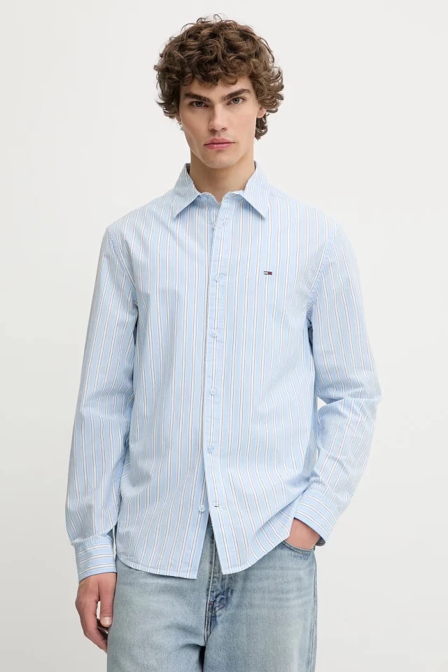 Tommy Hilfiger Tjm Essnt Poplin Reg Shirt Ext Ανδρικό Πουκάμισο Ριγε Σιελ