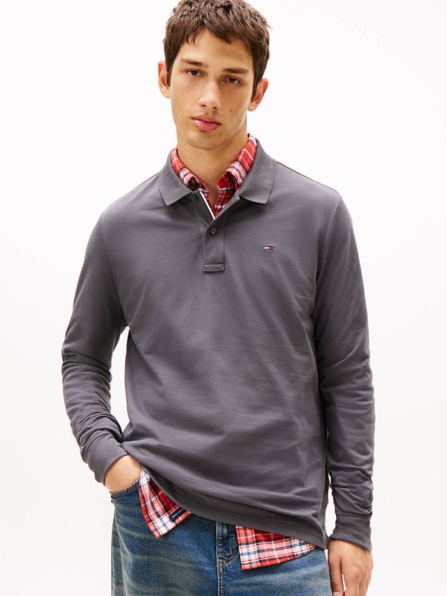 Tommy Hilfiger Tjm Slim Placket Polo Ls Ext Ανδρική Μπλούζα Polo Γκρι
