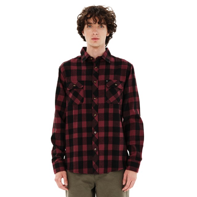 Emerson Mens Button Down Flannel Shirt Ανδρικό Πουκάμισο Καρο Κόκκινο Μαύρο