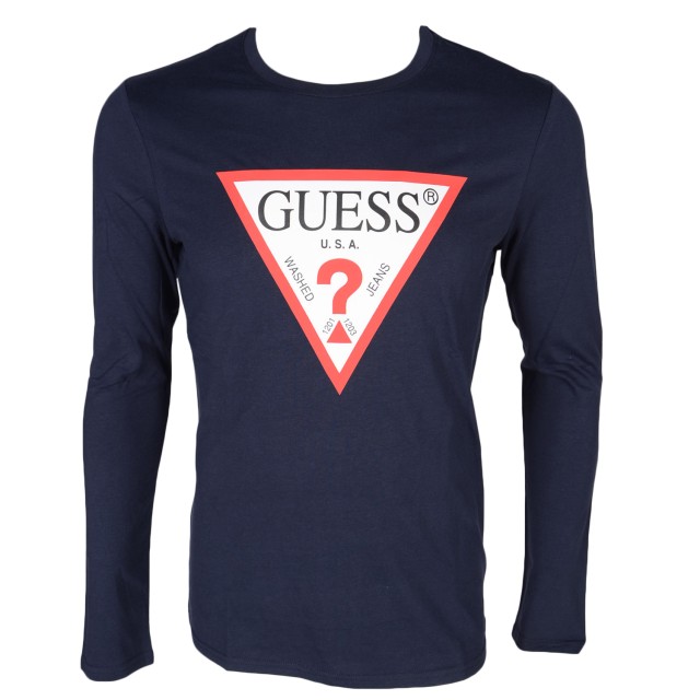 Guess Cn Ls Original Logo - Organic Stream Jersey 180 Ανδρικη Μπλουζα Μπλε Slim Fit