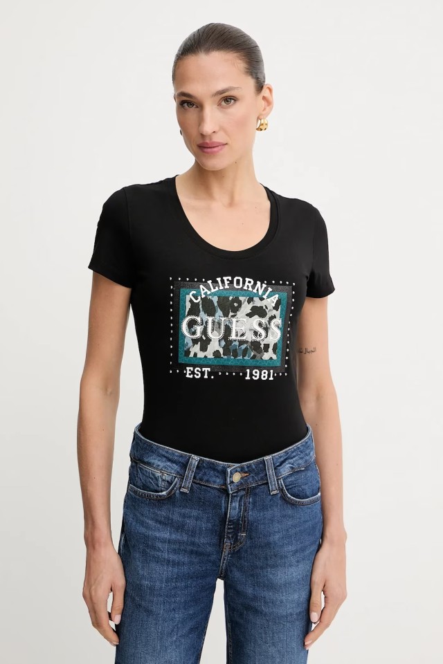 Guess Cn Ss  Animalier Boxy Print Γυναικεία Μπλούζα Animal Print Μαύρη