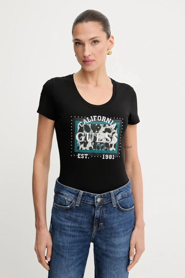 Guess Cn Ss  Animalier Boxy Print Γυναικεία Μπλούζα Animal Print Μαύρη