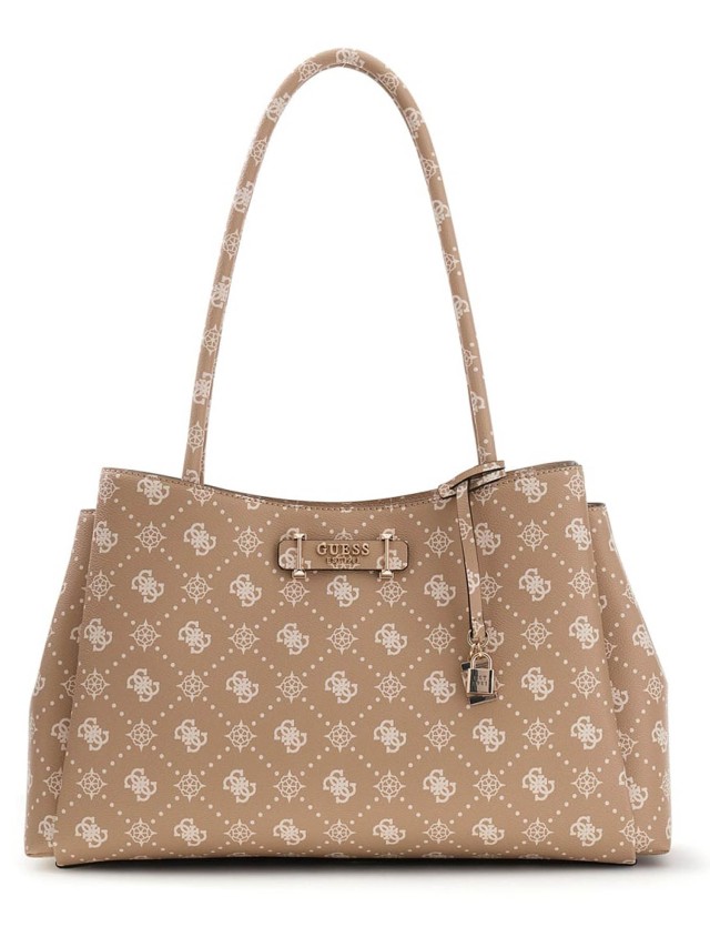 Guess Carrie Logo Grlfrnd Carryall Γυναικεία Τσάντα Μπεζ