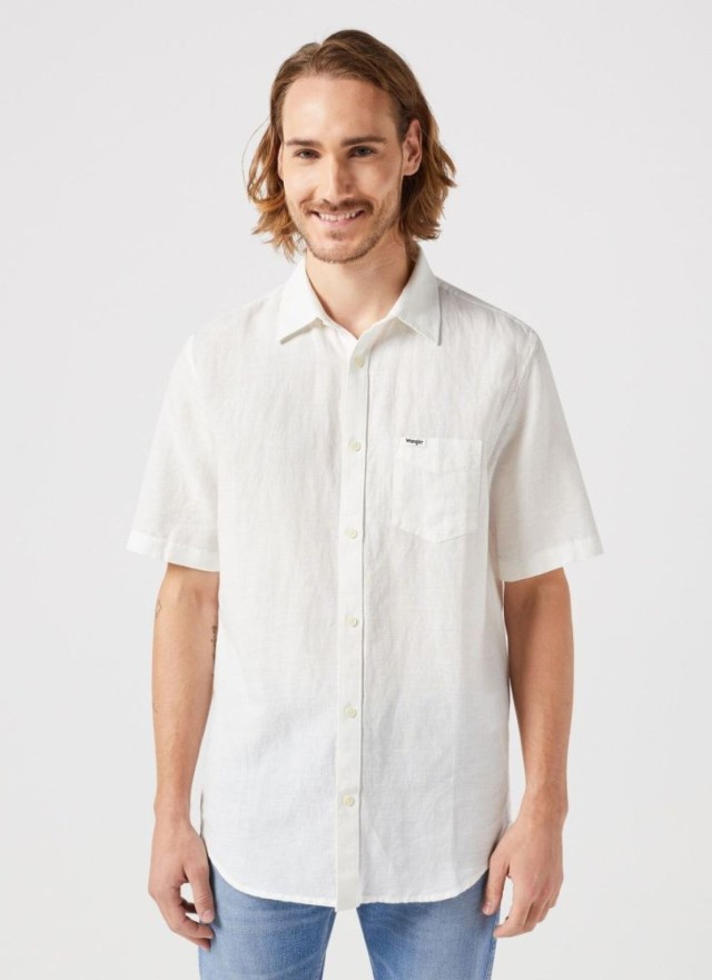 Wrangler Ss 1 Pkt Shirt Worn White Ανδρικό Πουκάμισο Λινο Λευκό