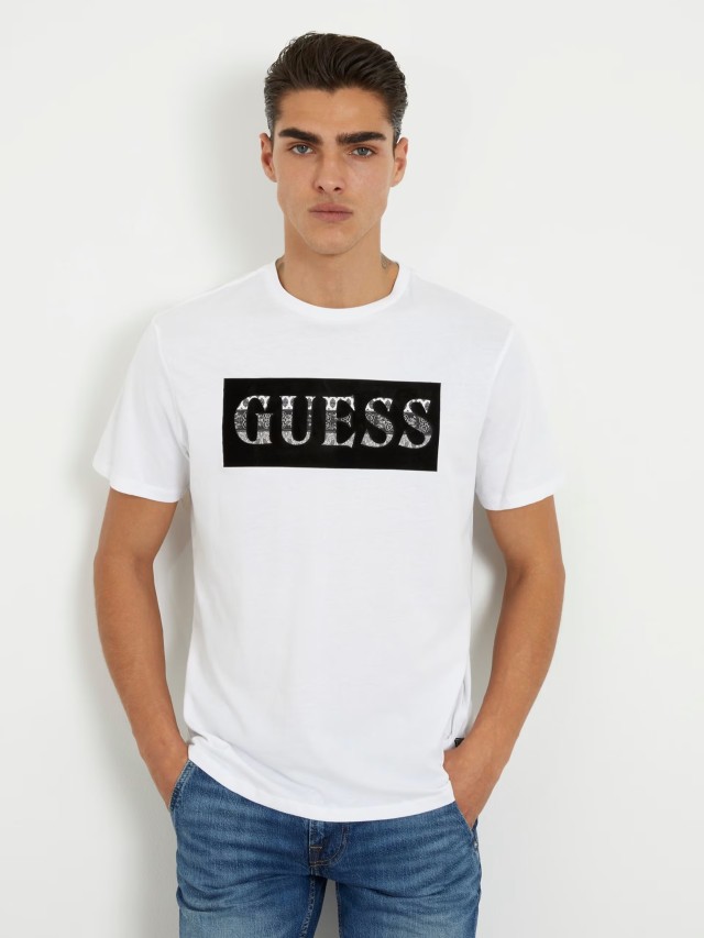 Guess Ss Bsc Guess Velvet Logo Tee Ανδρική Μπλούζα Λευκή