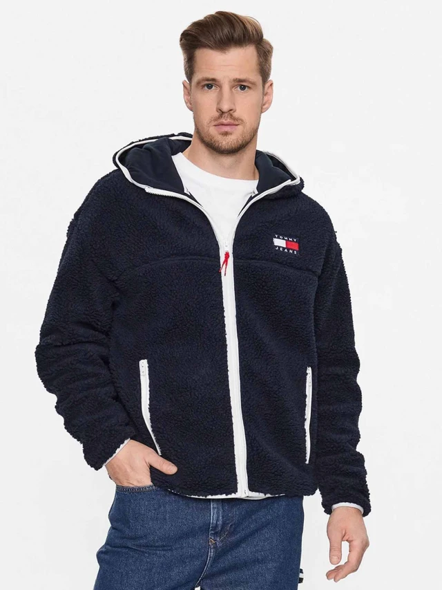 Tommy Hilfiger Tjm Sherpa Zip Thru Hoodie Ανδρική Ζακέτα Fleece Μπλε