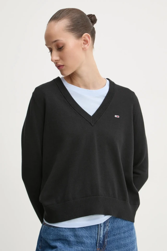 Tommy Hilfiger Tjw Essential Vneck Sweater Ext Γυναικείο Πλεκτό Μαύρο