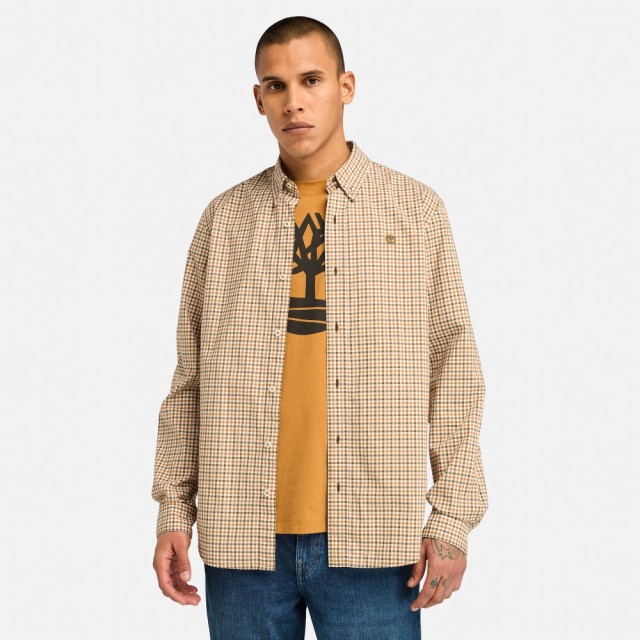 Timberland Stretch Poplin Gingham Shirt Dark Olive Yd Ανδρικό Πουκάμισο Καρο Μπεζ-Πράσινο