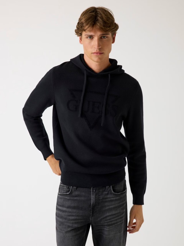 Guess Joby Hoodie French Terry Swtr Ανδρικό Πλεκτό Μαύρο