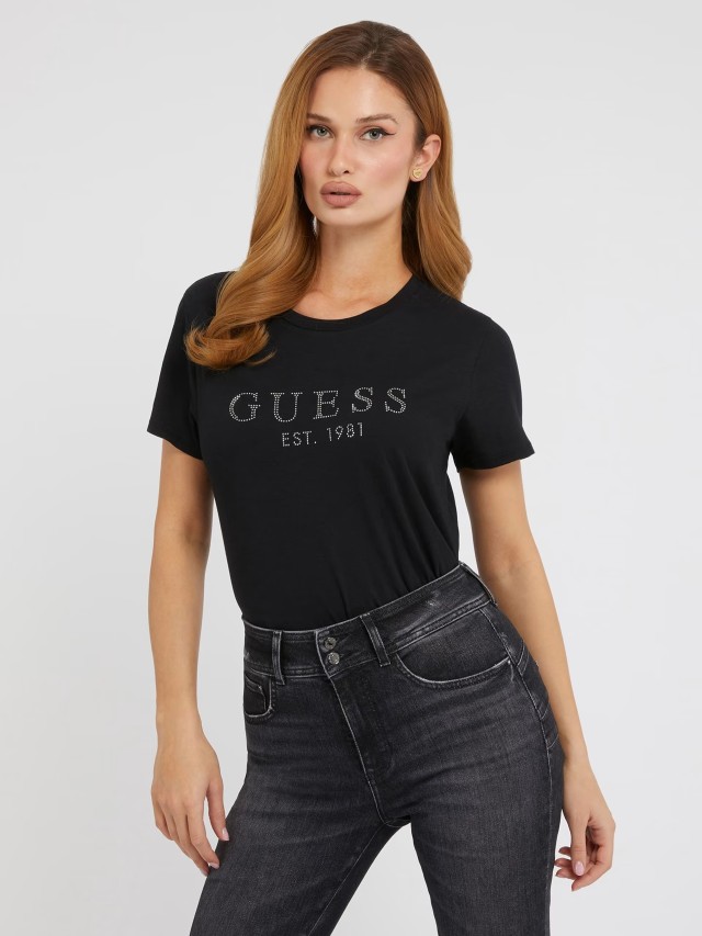 Guess SS GUESS 1981 CRYSTAL EASY TEE Γυναικεια Μπλουζα Μαυρο