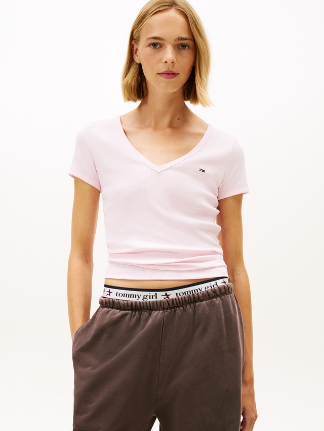 Tommy Hilfiger Tjw Slim Essential Rib V Ss Γυναικεία Μπλούζα Ροζ