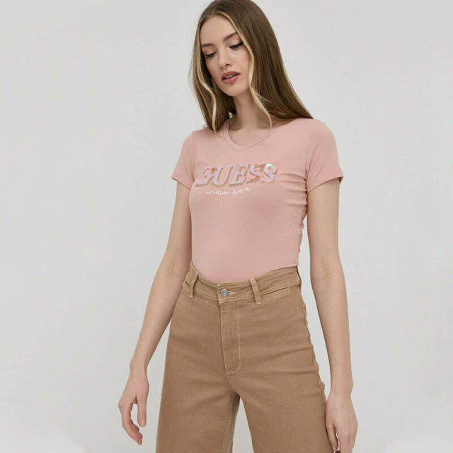 Guess Ss Vn Trine Tee Γυναικεια Μπλουζα Ροζ