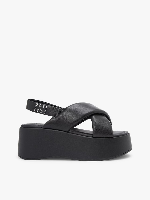 Tommy Hilfiger Tjw Padded Straps Wedges Γυναικεία Δερμάτινα Πέδιλα Πλατφόρμα Μαύρα