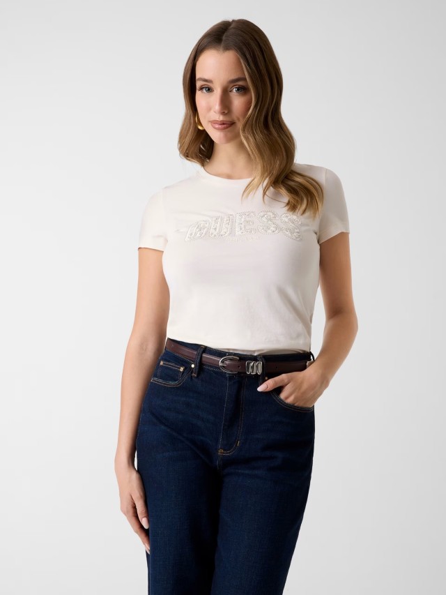 Guess Cn Ss Logo Lace Tee Γυναικεία Μπλούζα Μπεζ Ανοιχτο