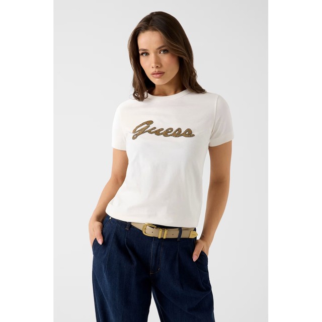 Guess Ss Cn Beads Script Tee Γυναικεία Μπλούζα Εκρού