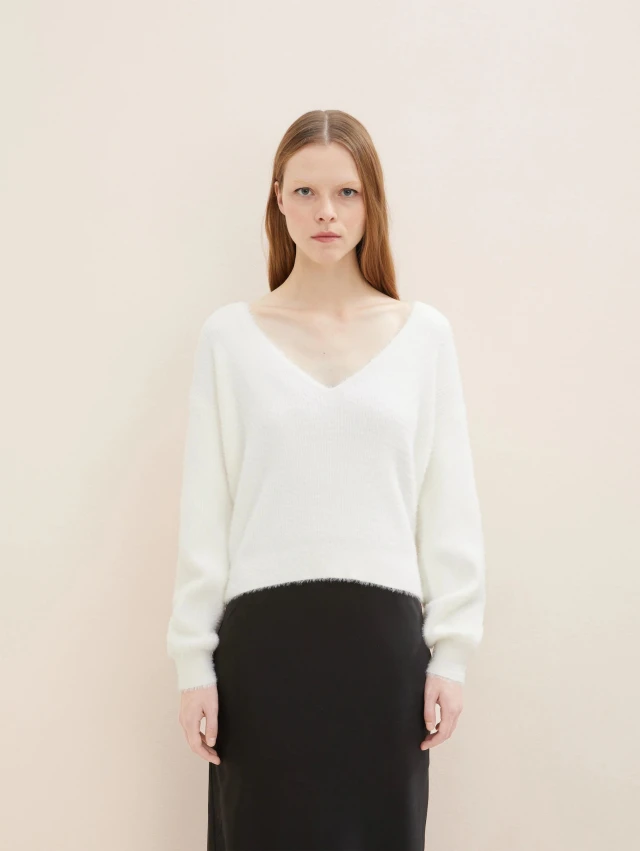 Tom Tailor V-Neck Feather YA Γυναικείο Πλεκτό Εκρού