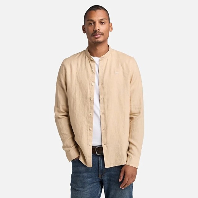 Timberland Mill Brook Linen Korean Collar Shirt Safari  Ανδρικό Λινό Πουκάμισο Μπεζ