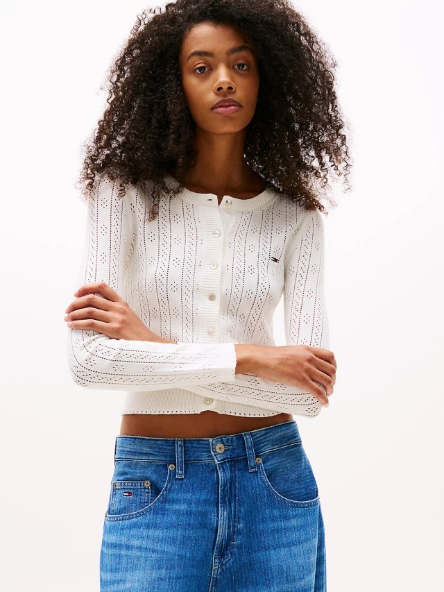 Tommy Hilfiger Tjw Pointelle Crew Neck Cardigan Γυναικεία Ζακέτα Πλεκτή Λευκή